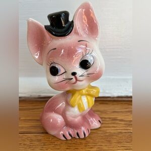 Vintage MCM Pink Ceramic Anthropomorphic Kitten Figurine Top Hat Yellow Bow